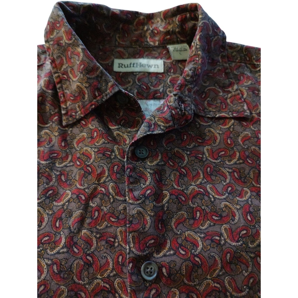 Ruff Hewn Long Sleeve Shirt Paisley Red Brown Heavy Duty Button‎ Down Mens Large